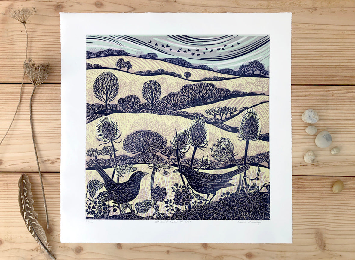 Blackbird Fields of Gold limited edition lino print by Claire Armitage