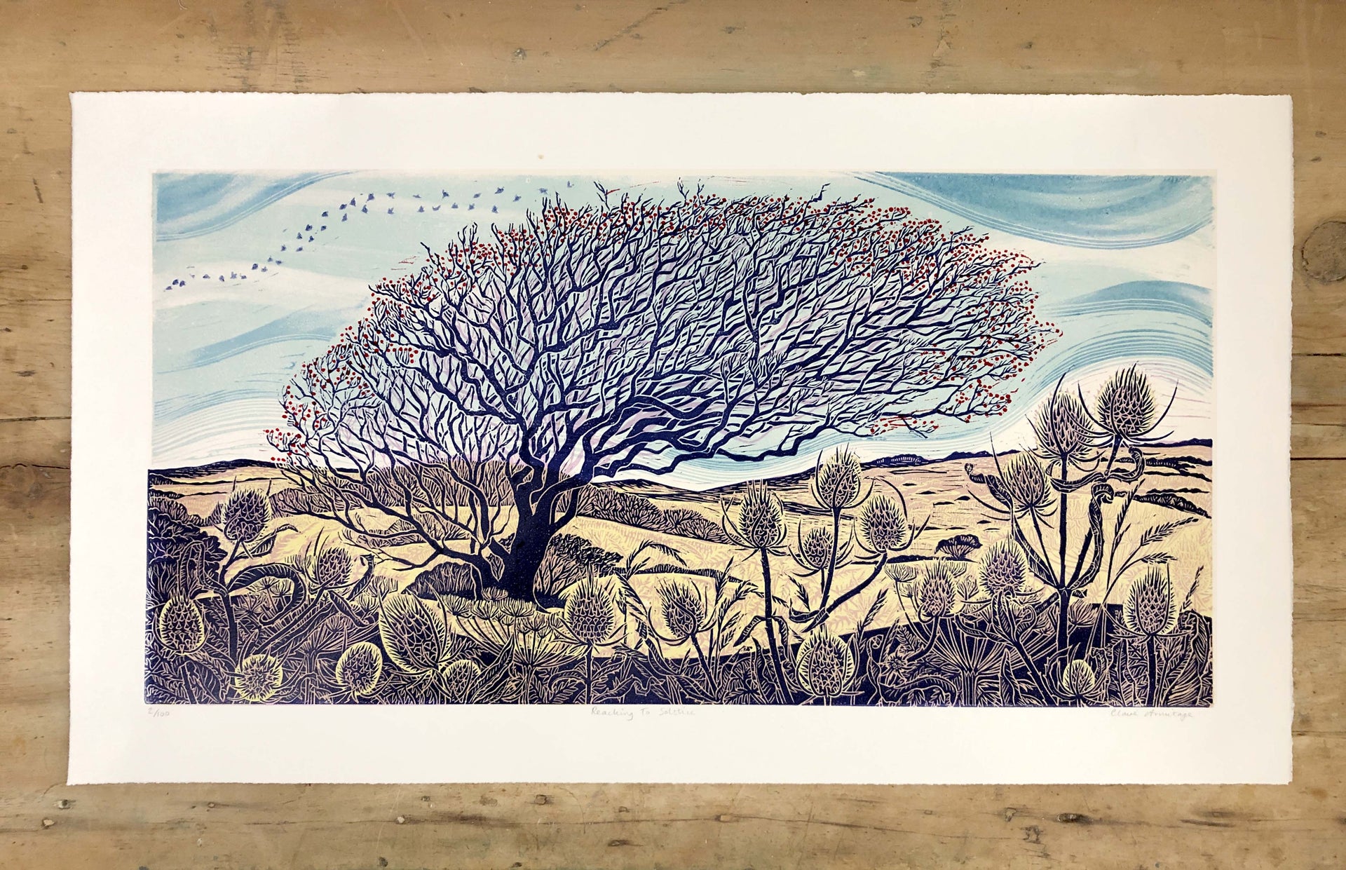 Reaching to solstice limited edition lino print of Hawthorn tree by Claire Armitage