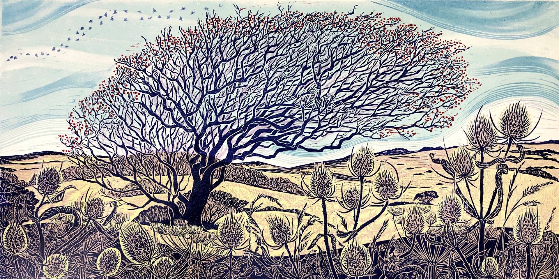 Reaching to solstice limited edition lino print of Hawthorn tree by Claire Armitage
