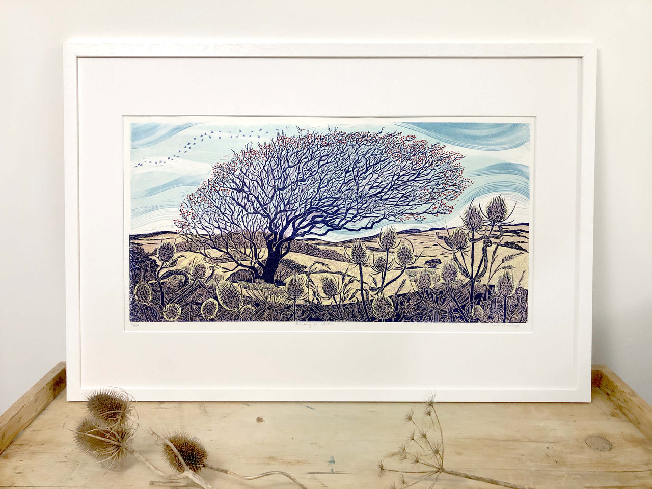 Reaching to solstice limited edition lino print of Hawthorn tree by Claire Armitage