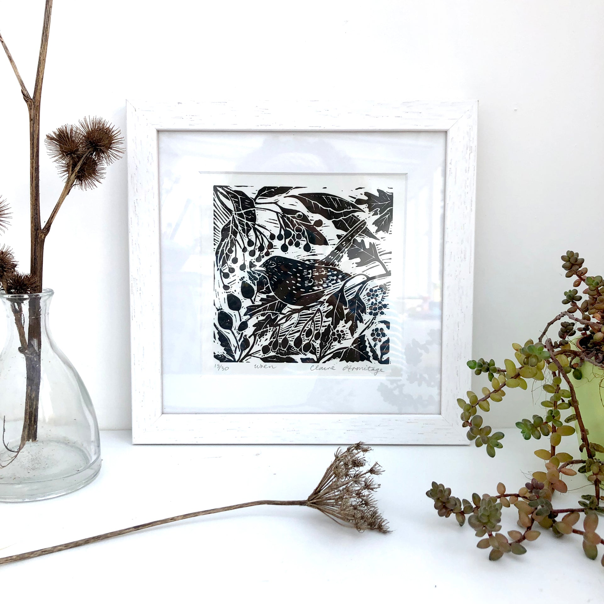 Wren limited edition lino print by Claire Armitage