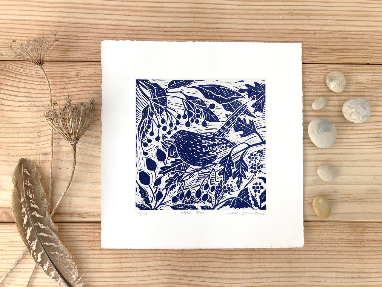 Wren limited edition lino print by Claire Armitage