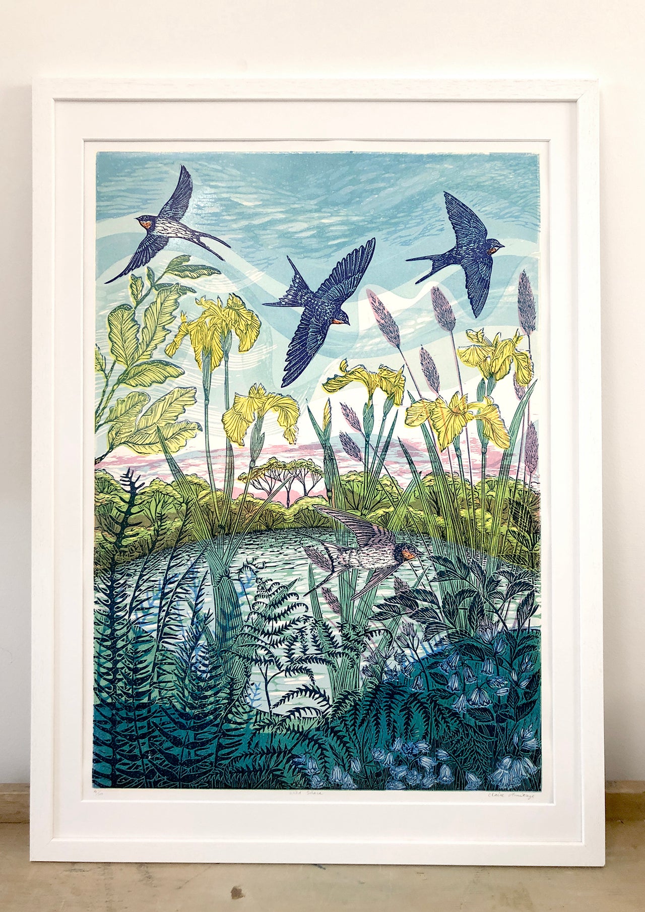 Wild Solace, limited edition Lino print of swallows by Claire Armitage