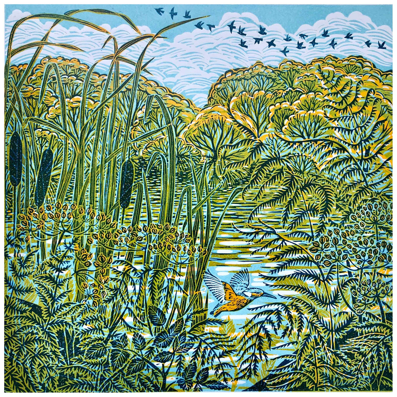 gilded blue limited edition lino print by Claire Armitage