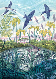 Wild Solace, limited edition Lino print of swallows by Claire Armitage