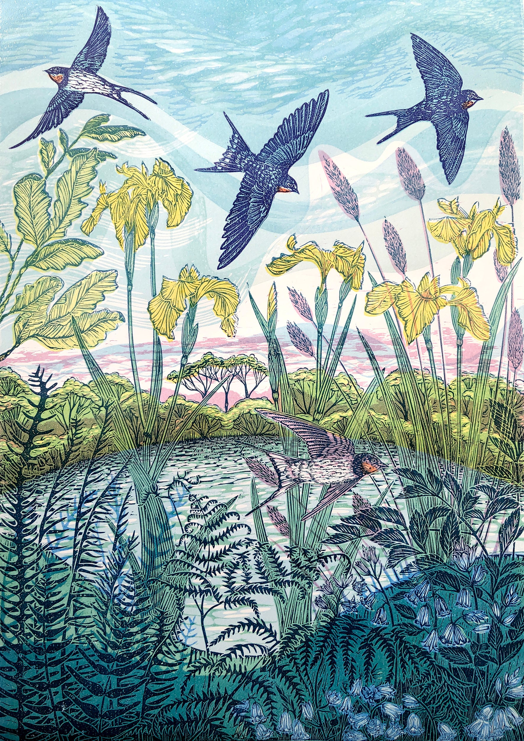 Wild Solace, limited edition Lino print of swallows by Claire Armitage