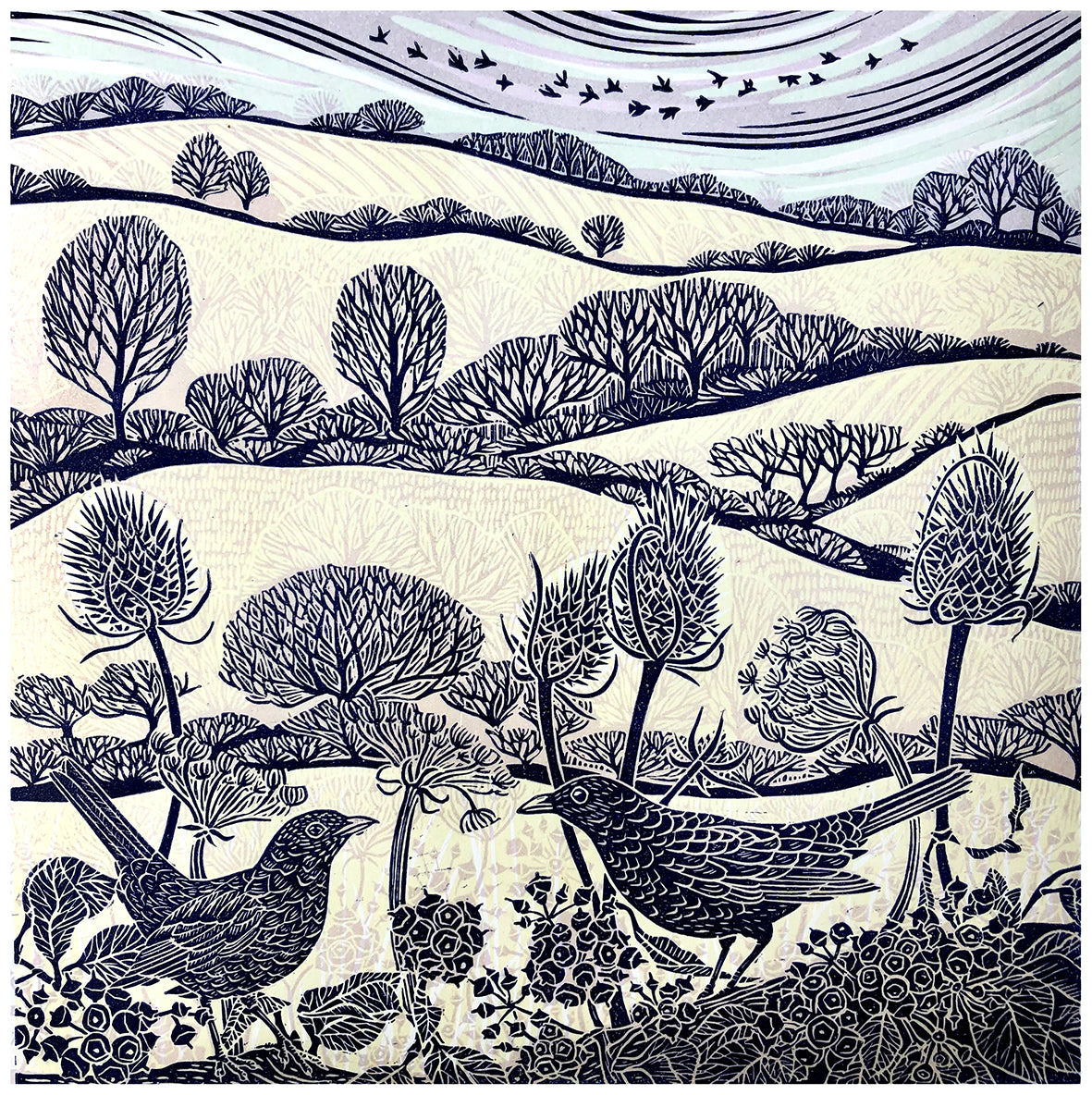 Blackbird Fields of Gold limited edition lino print by Claire Armitage