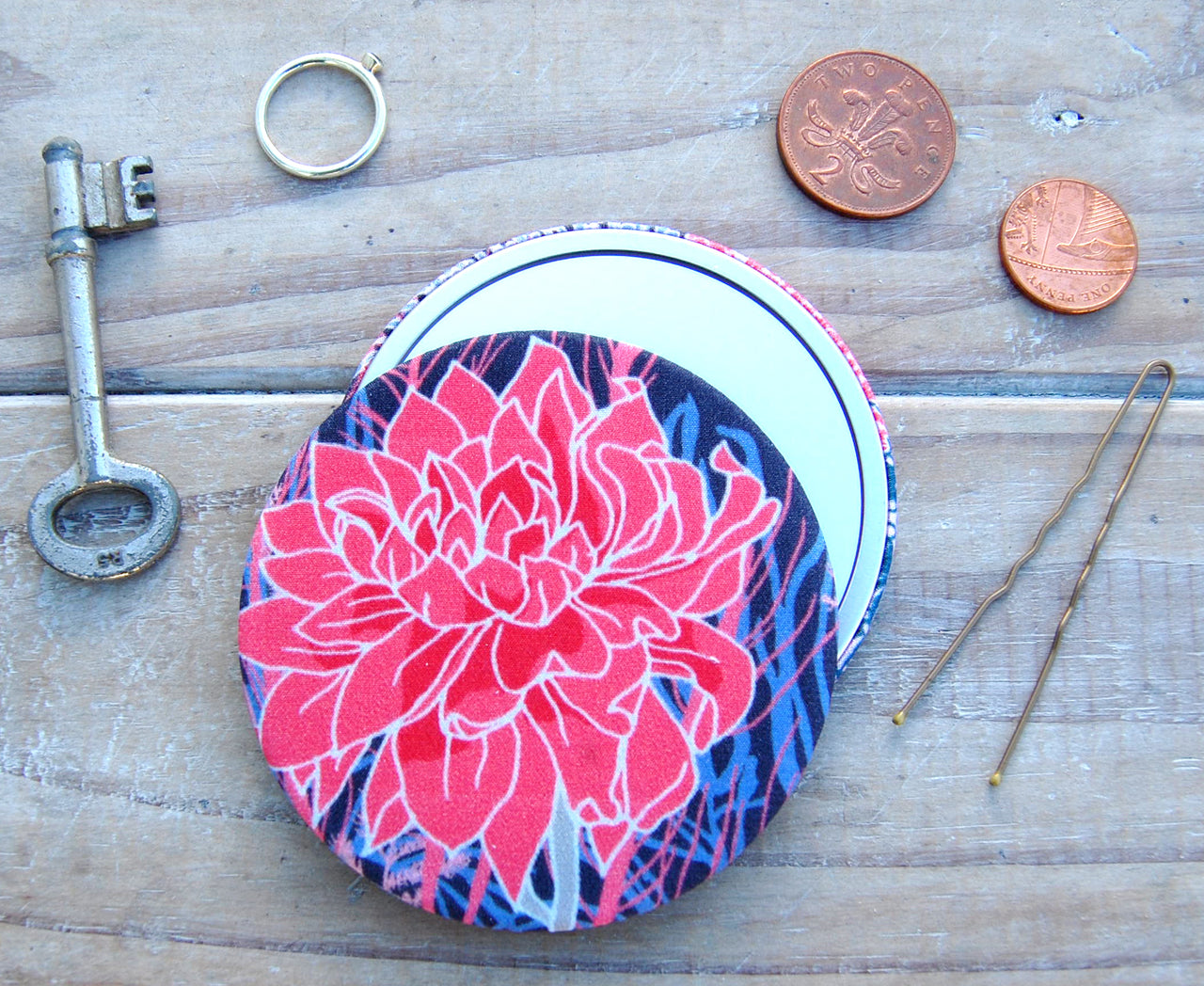 Nancy Red Silk Covered Compact Mirror
