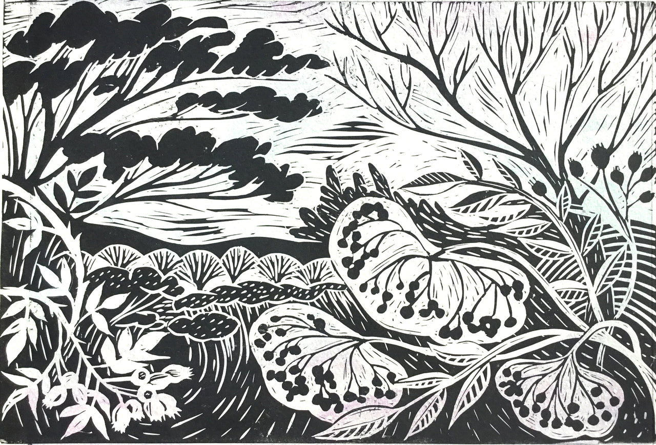 Into The Wild Monochrome limited edition lino print by Claire Armitage