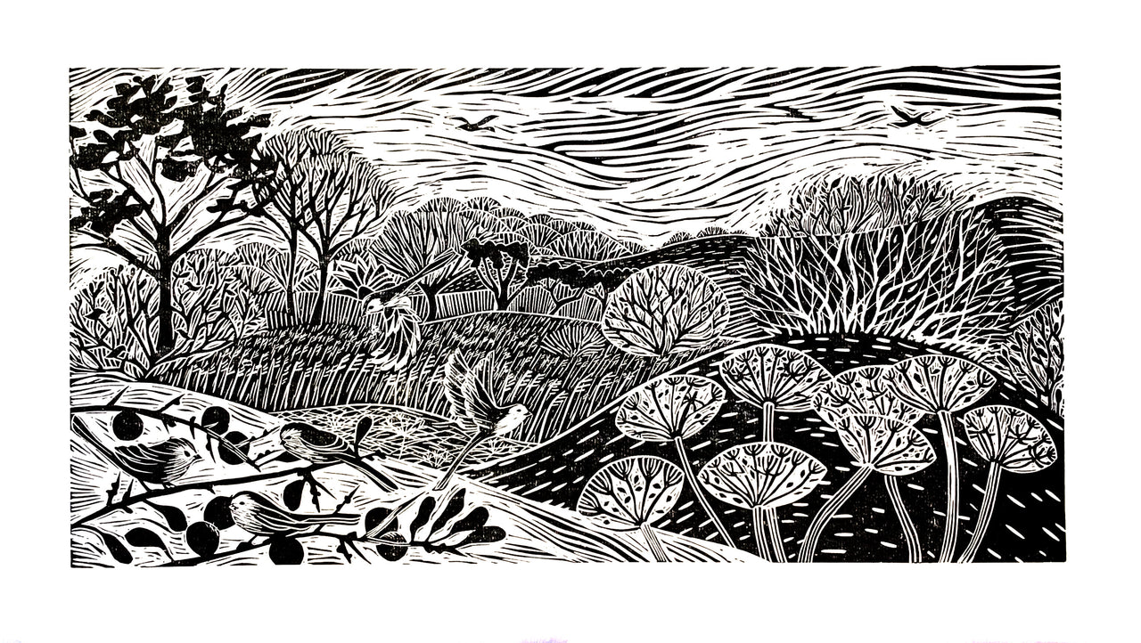 Into the Woods monochrome limited edition lino print by Claire Armitage