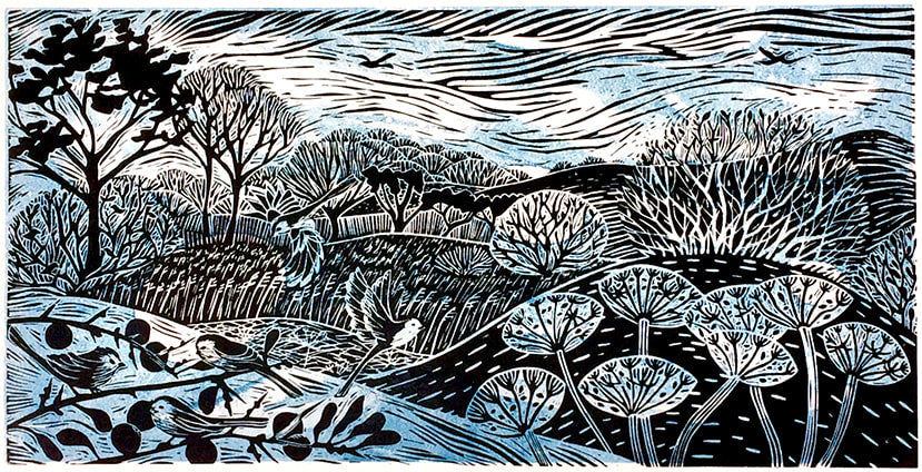 Into the Woods Blue limited edition lino print by Claire Armitage