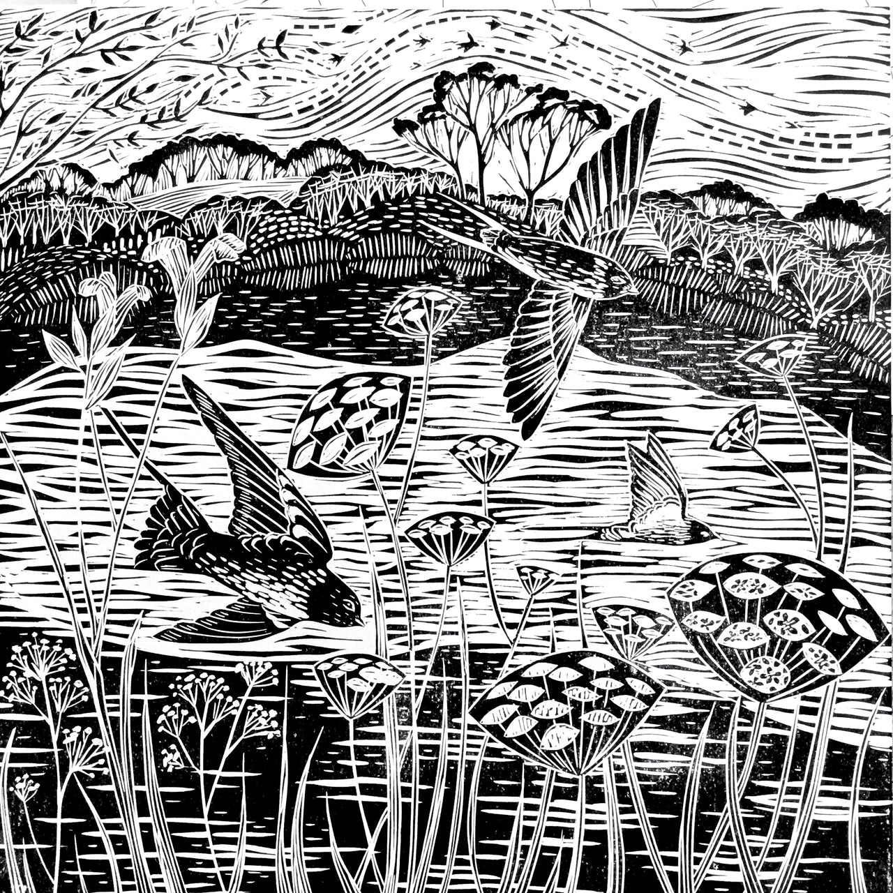 Swallows By The lake monochrome limited edition lino print by Claire Armitage