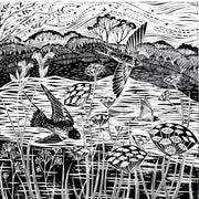 Swallows By The lake monochrome limited edition lino print by Claire Armitage