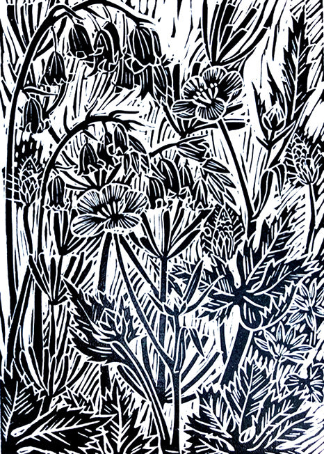 Spring Flowers hand printed lino cut greetings card by Claire Armitage
