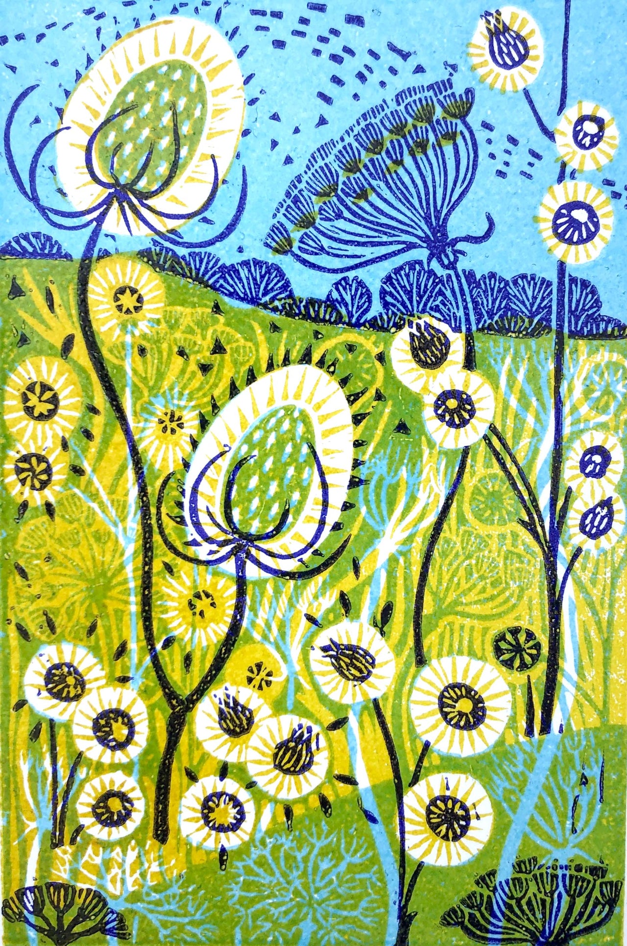 sunlit seedheads limited edition lino print by Claire Armitage