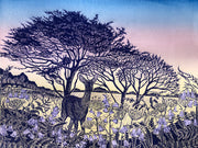 Artistic depiction of a deer among trees and flowers with a blue and purple color scheme.