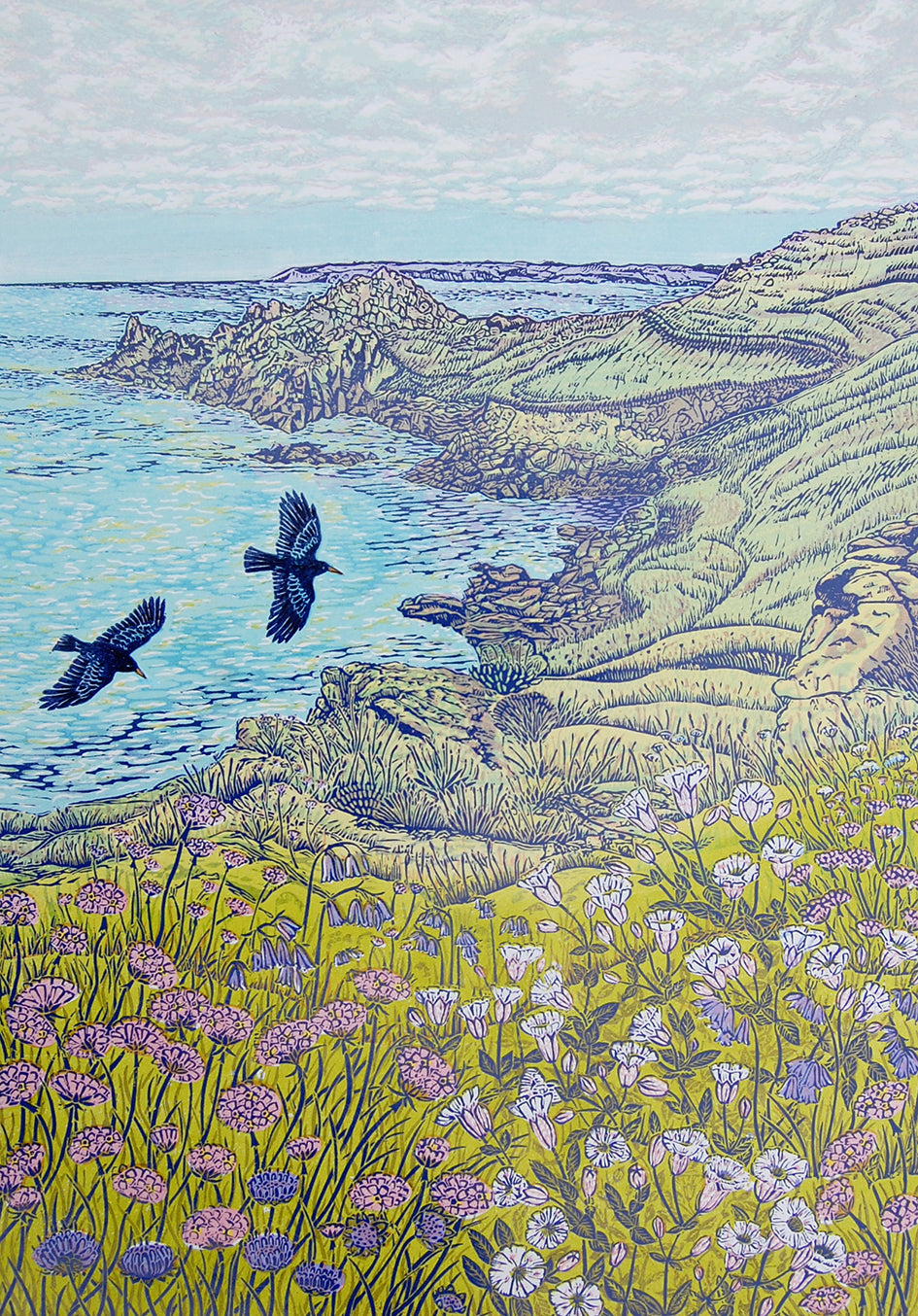 cornish cliffs and choughs lino print by Claire Armitage