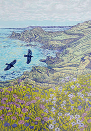 cornish cliffs and choughs lino print by Claire Armitage